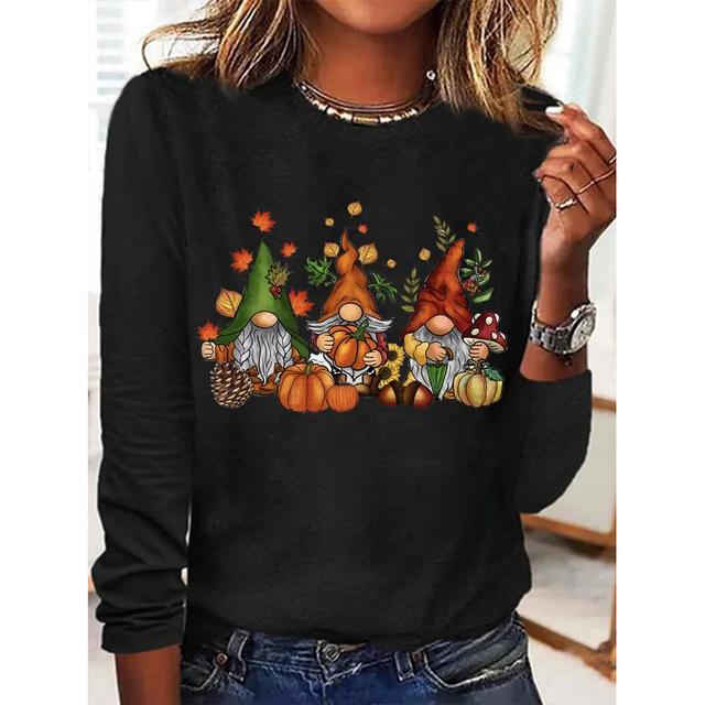 Футболки с длинными рукавами и забавным принтом для женщин, модный повседневный пуловер, осенние гномы, осенние повседневные топы в стиле Харадзюку с тыквой и принтом на День благодарения