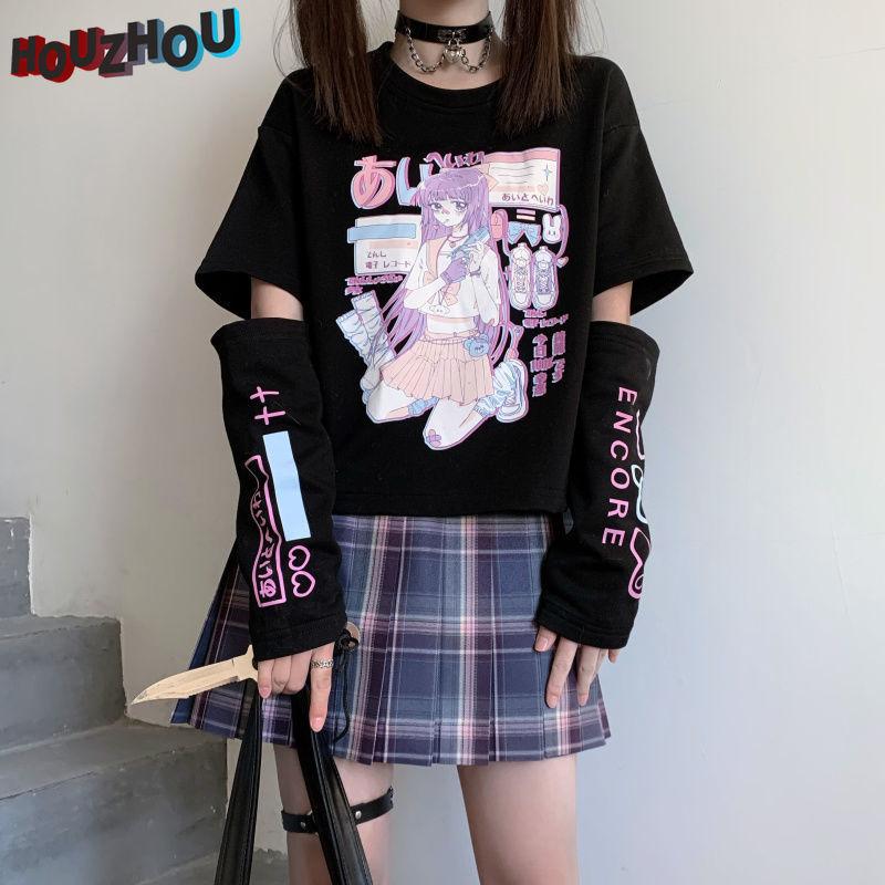 Kawaii Y2k E Girl, футболки с длинными рукавами и графическим принтом для женщин, черная футболка в стиле Харадзюку, японская уличная одежда, клубный стиль