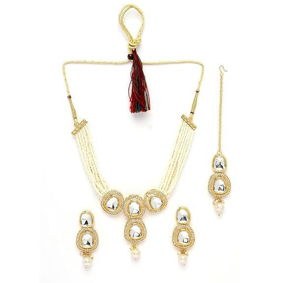 Latest Stylish Traditional Gold-Plated Kundan Studded Handcrafted Necklace Earrings with Maang Tikka Jewellery Set for Women & Girls