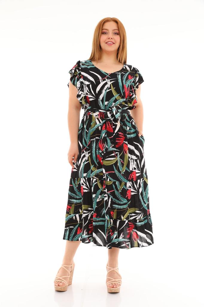 Женское платье большого размера, длинное вискозное платье с воланами, рукавами и круглым вырезом, поясом и цветочным узором