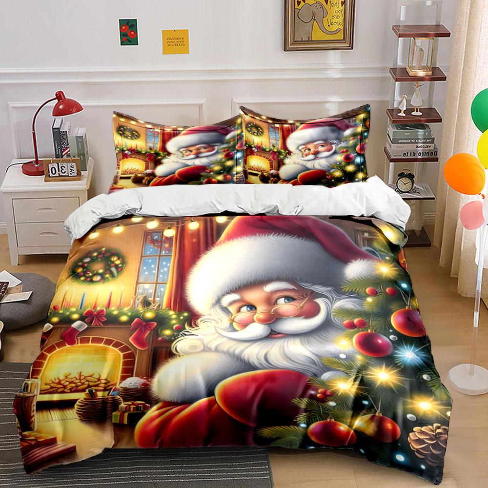 Festive Santa Christmas Scene Bedding Duvet Cover Set Duvet Cover Pillowcases (1*Duvet Cover 2*Pillowcases, without duvet insert)