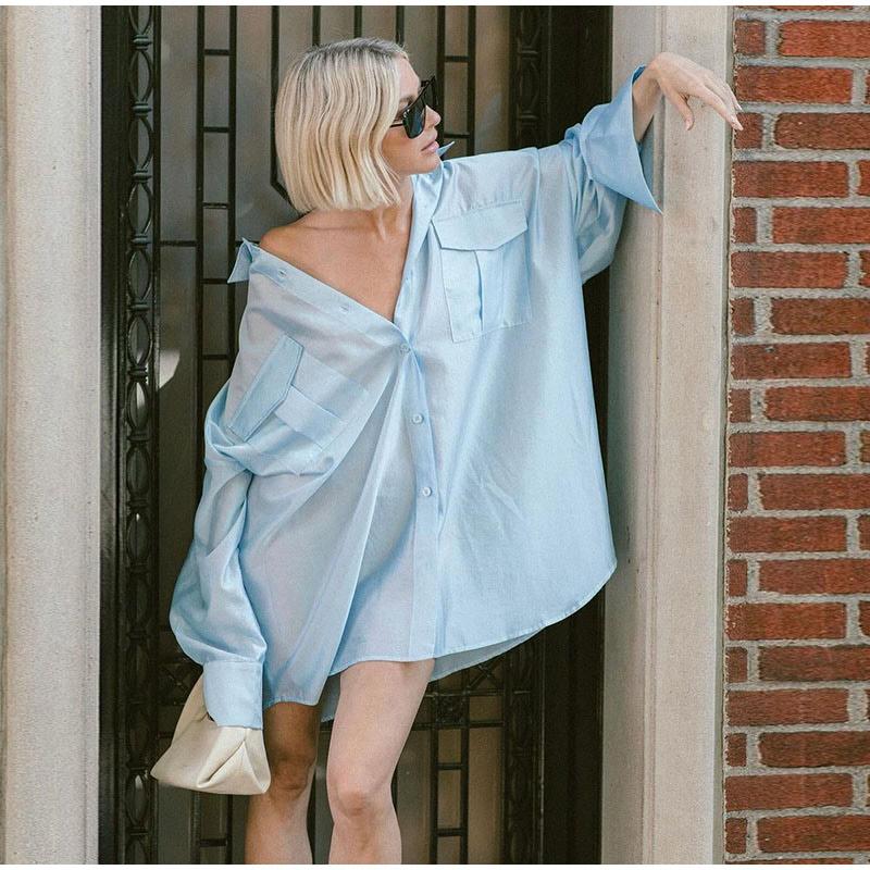 Повседневная свободная рубашка женская весна-лето лацканы пуговицы карманы блузка женская длинный рукав однотонные топы леди прохладный уютный универсальный базовый