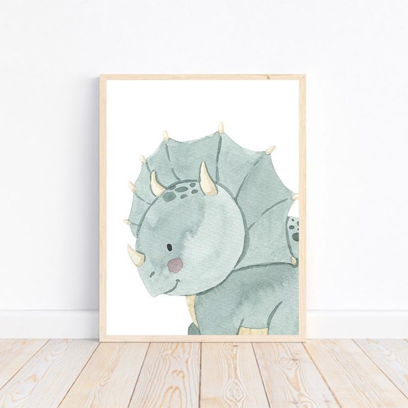 Акварельный мультяшный динозавр Персонализированные плакаты и принты Печать на холсте Настенное искусство Картина для детской комнаты Декор для детской
