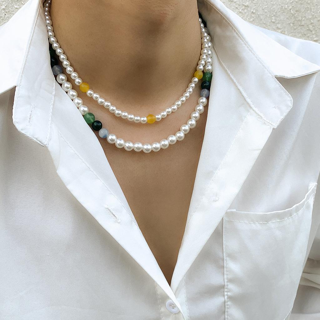 Versatile Autumn Winter New Double Layer Stacked Colorful Spliced Pearl Men's Necklace