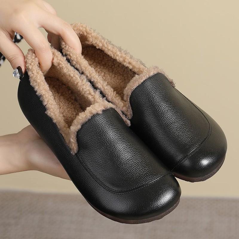 Мягкая кожа зимняя бархатная шапка-бини обувь женская мягкая подошва кожаная обувь один педаль пушистая обувь большой размер обувь для мамы на плоской подошве универсальная