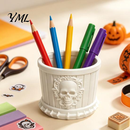 Cool Desk Gadgets Gothic Skull Pen Holder, 3D Printed PLA Stationery Organizer, Pencil Cup Halloween Theme Container for Makeup Brushes And