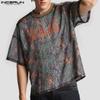 Men O Neck Half Sleeve Print Mesh Sheer Casual Tops Fishnet T-Shirts