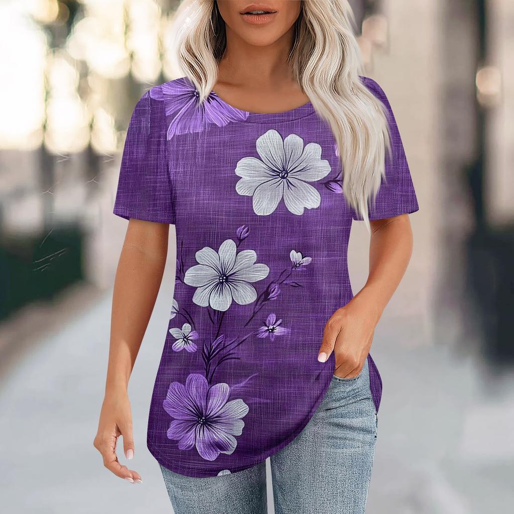 Women's Fashion Casual Floral Print Round Neck Short Sleeve T-Shirt Top