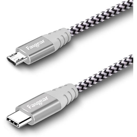 Fasgear USB C to Micro USB Cable 30cm Nylon Braided Type C to Micro USB Cord Compatible with Galaxy S7/S6, HTC One/10 and More (Gray, 1ft)