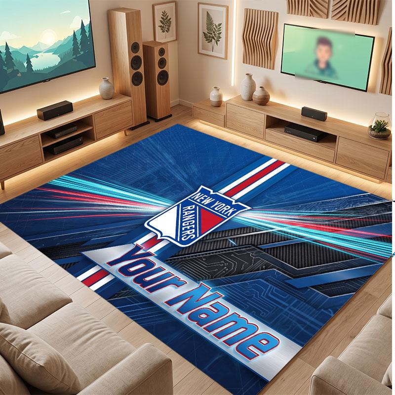 New York Rangers Personalized Crystal Velvet Carpet, Customized Name Text Soft Anti‑Slip Rug for Living Room Bedroom