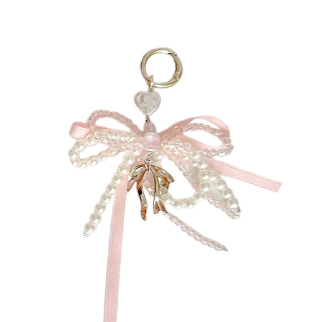 Elegant White Bowknot Keychain With Pearls Accent Sweet Charm Backpack Rings Handmade Jewelry Bag Pendant Gift for Women