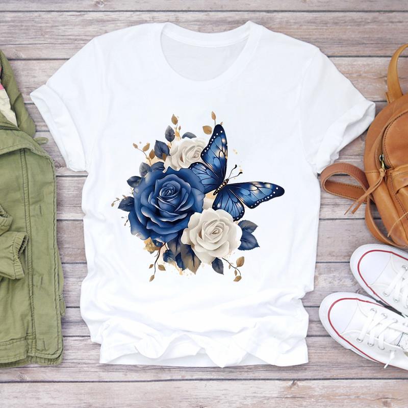 (Asian Size) Women Tee Flower Trend Cute Top Clothing Casual  Short Sleeve T Shirt Fashion Print Lady Female Graphic T-shirts