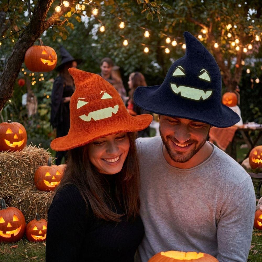 Glow Knit Halloween Witch Hat Wide Brim Pumpkin Witch Cap Simple Halloween Costume Hat Masquerade
