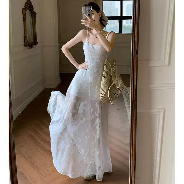 Летний ветреный зеленый сарафан на бретельках женский летний темперамент сетчатая вставка талия тонкая А-силуэт длинное платье