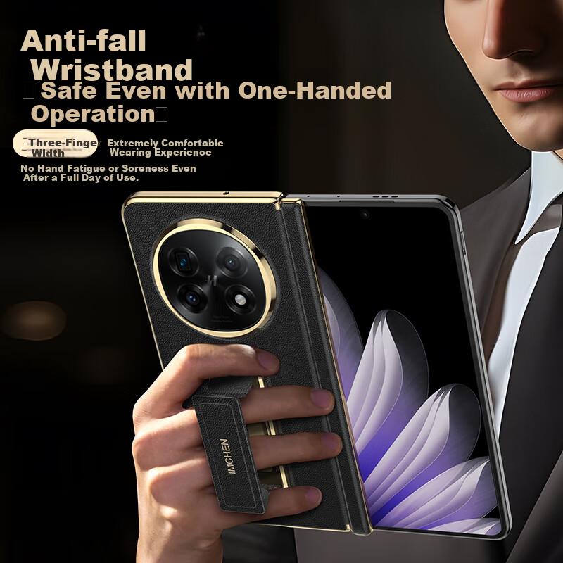 Wristband Stand Tech Leather Case for OPPO Find N5 Full-Cover Anti-Drop Premium Gold Business Black
