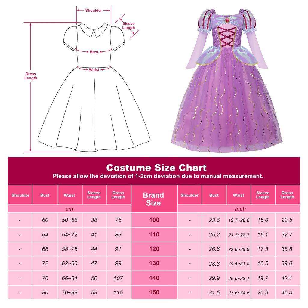 ReliBeauty Princess Dress for Princess Halloween Kids Size 140 Girls, Cosplay, Costume, Costume, One-Piece Set, Purple,