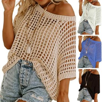 Женские повседневные топы с круглым вырезом и коротким рукавом, прозрачный вязанный крючком полый вязаный свитер, однотонный свободный пуловер, футболка