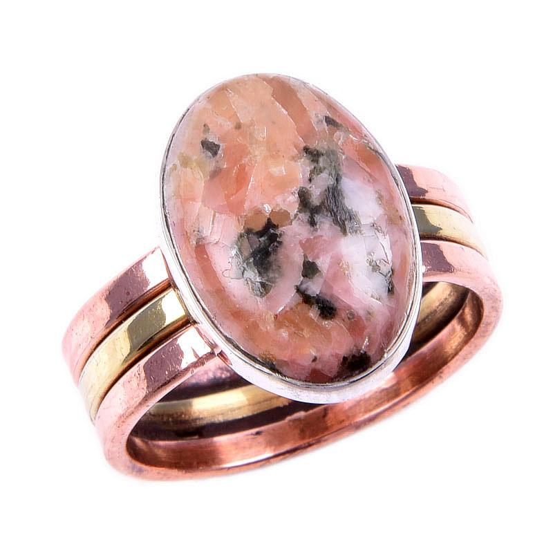 Натуральный родонит, драгоценный камень, твердое серебро 925 пробы, ювелирные изделия, двухцветное кольцо, размер 9US W1z31
