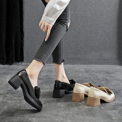 Настоящая мягкая кожа, туфли одинарки в британском стиле, женские, на толстом каблуке, новинка осени и зимы, с бантом, на среднем каблуке, женские туфли, квадратный носок, маленькие кожаные туфли