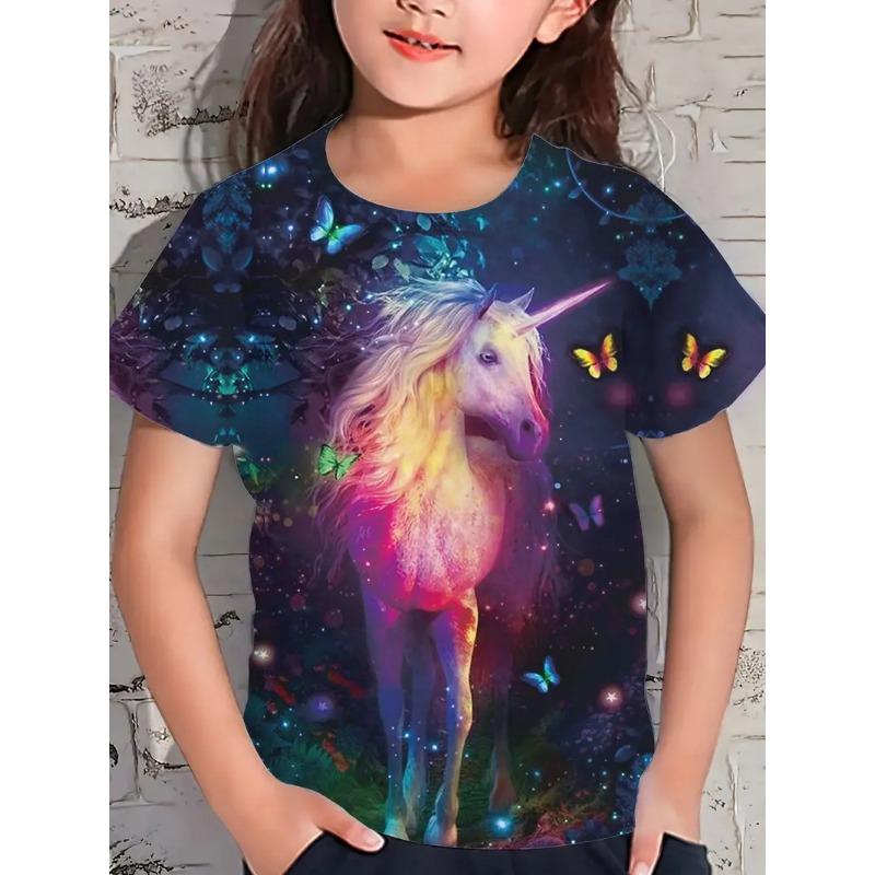 Новая мультяшная футболка детская футболка с коротким рукавом свободная повседневная с рисунком лошади топы для девочек