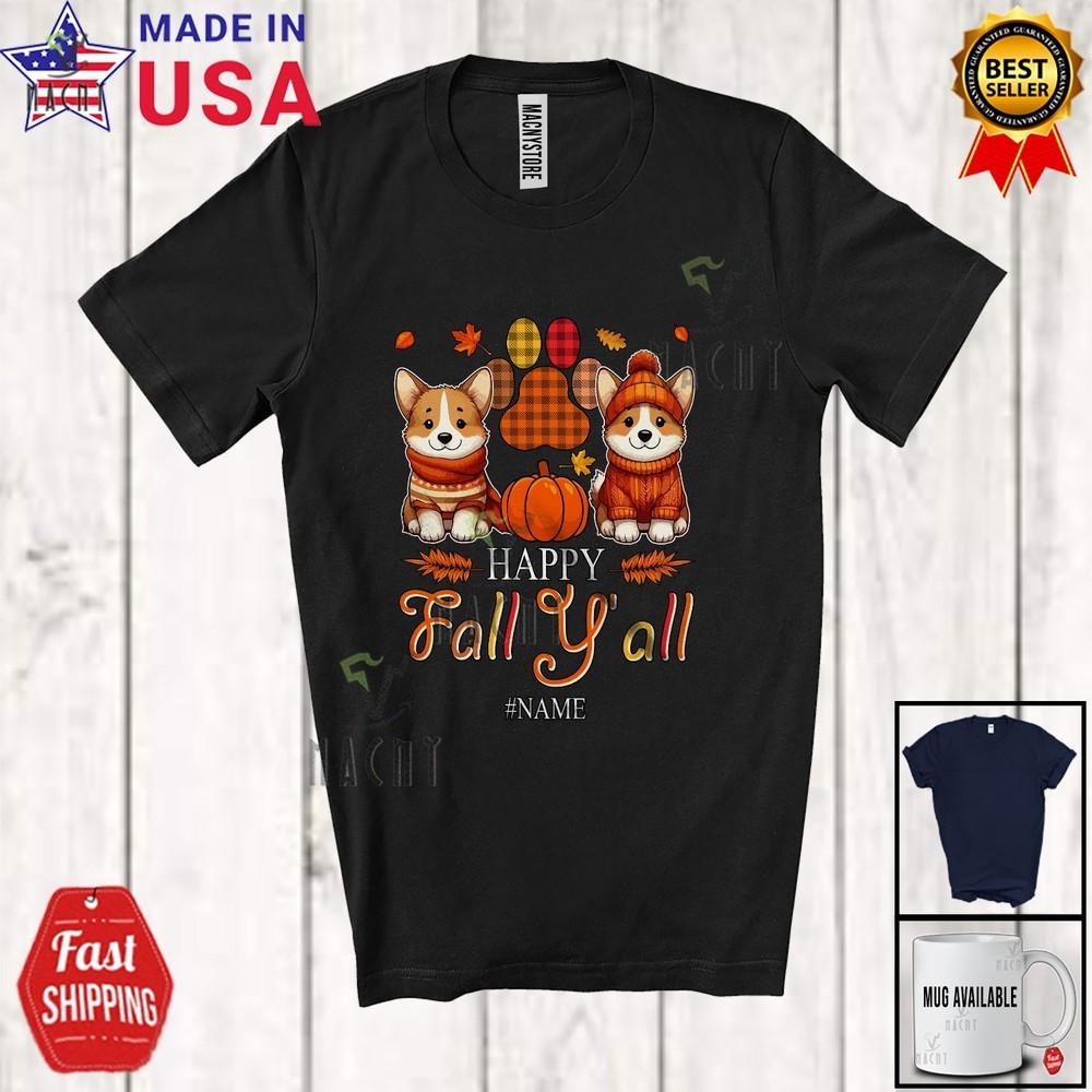 Custom Name Happy Fall Amusing Thanksgiving Plaid Paws Corgi Owner T-Shirt