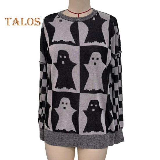 Свитер на Хэллоуин с рисунком призрака в клетку, тыквы, вязаные топы, свободный круглый вырез, длинный рукав, свитер, топы, трикотаж