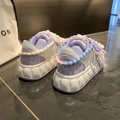 5 см Милые Каваи Туфли для женщин Круглый носок На шнуровке Женские вулканизированные туфли Весенние Плоские Уличные Дышащие Женские кроссовки