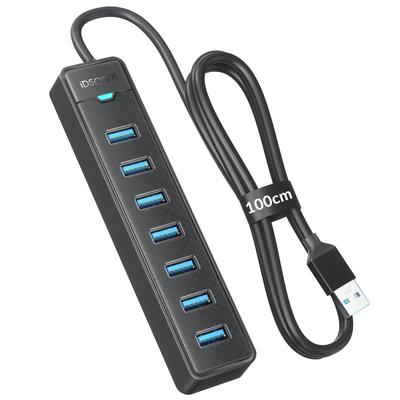 IDsonix 7-портовый USB-концентратор, USB-концентратор расширения, высокоскоростной 5 Гбит/с USB-концентратор, многопортовый USB-концентратор, длинный кабель для Flash Mobile, жесткий черный 3.0 [кабель 1 м] Передача,