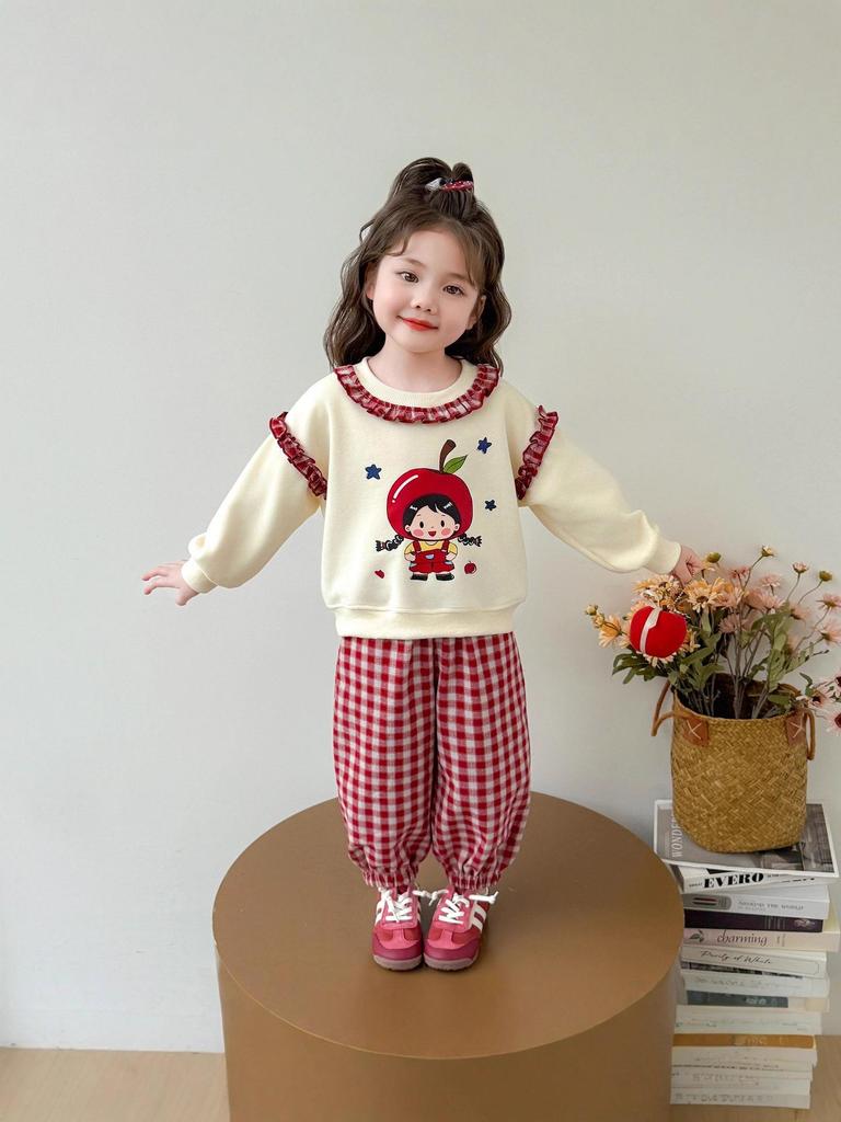 Комплект клетчатых брюк для девочек - Коллекция весна/осень 2025 - Модный наряд с дизайном яблока