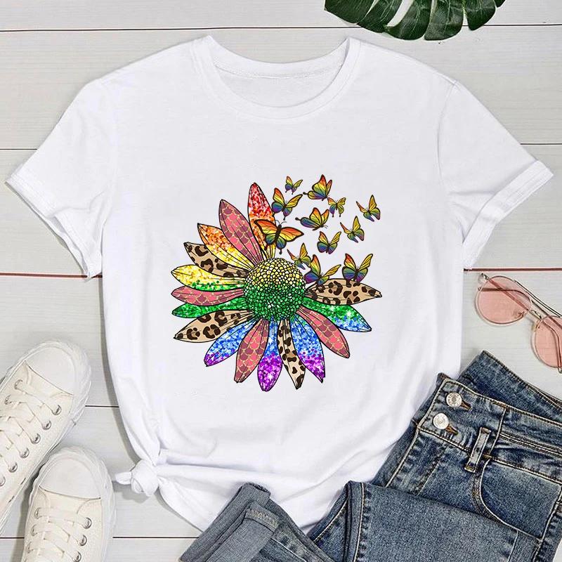 (Premium T-shirt)Funny Lgbt Sunflower Butterfly Print T-Shirts For Women Summer Round Neck Tee Shirt Femme Fashion Casual Top