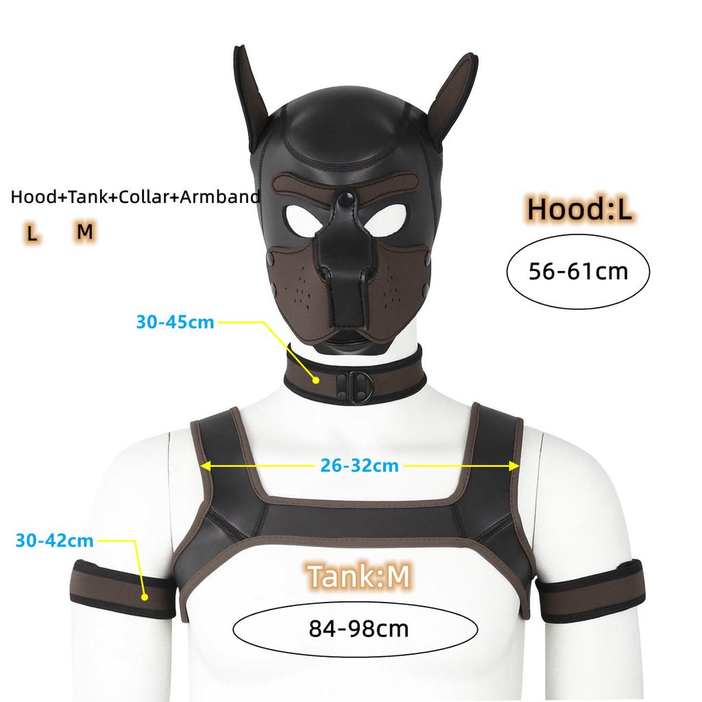 XL большой размер щенок косплей неопреновый фетиш капюшон маска комплект с нагрудным ремнем воротник повязка секс-костюмы для БДСМ роль раба