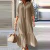European & American Cotton Linen Irregular Long Casual Dress with Twist Button & Shirt Collar