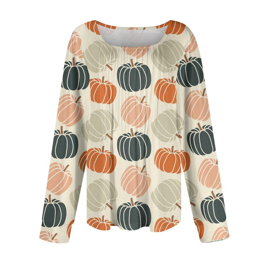 Рубашки с длинным рукавом для женщин, милые принты, графические футболки, блузки, нарядные повседневные блузки, плиссированные туники с круглым вырезом, топы на Хэллоуин