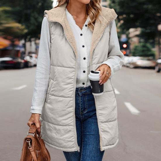 Женский осенне-зимний двусторонний жилет, пальто с капюшоном, куртка без рукавов с флисовой подкладкой, однотонный жилет средней длины, длинная теплая верхняя одежда