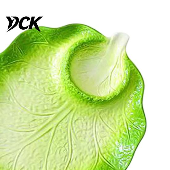 Novelty Food Tray with Sauce Compartment Ceramic Dumpling Plate Integrated Dipping Saucer, Cabbage Shaped Green Glaze Leaf Design Creative Serving