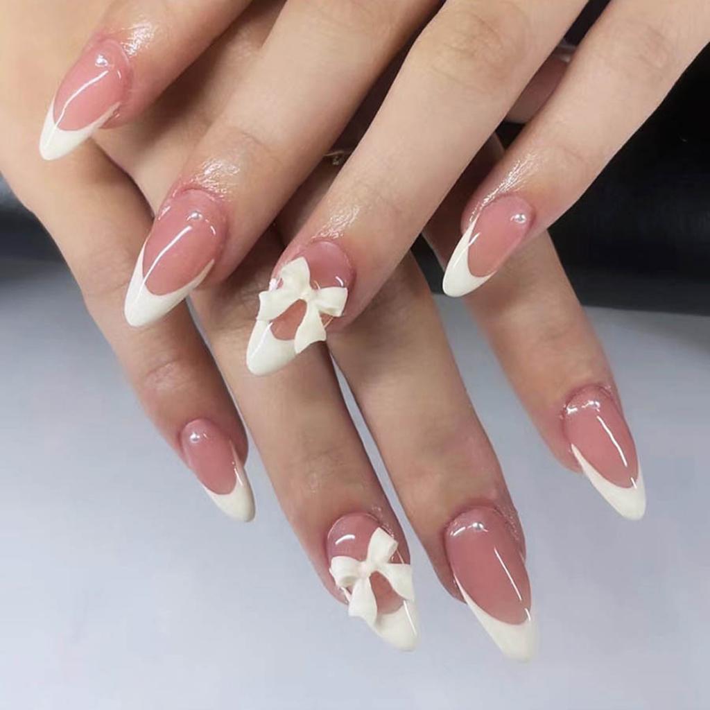 White French Bow False Nail Tips 24 Pieces Per Box Manicure Accessory For Women
