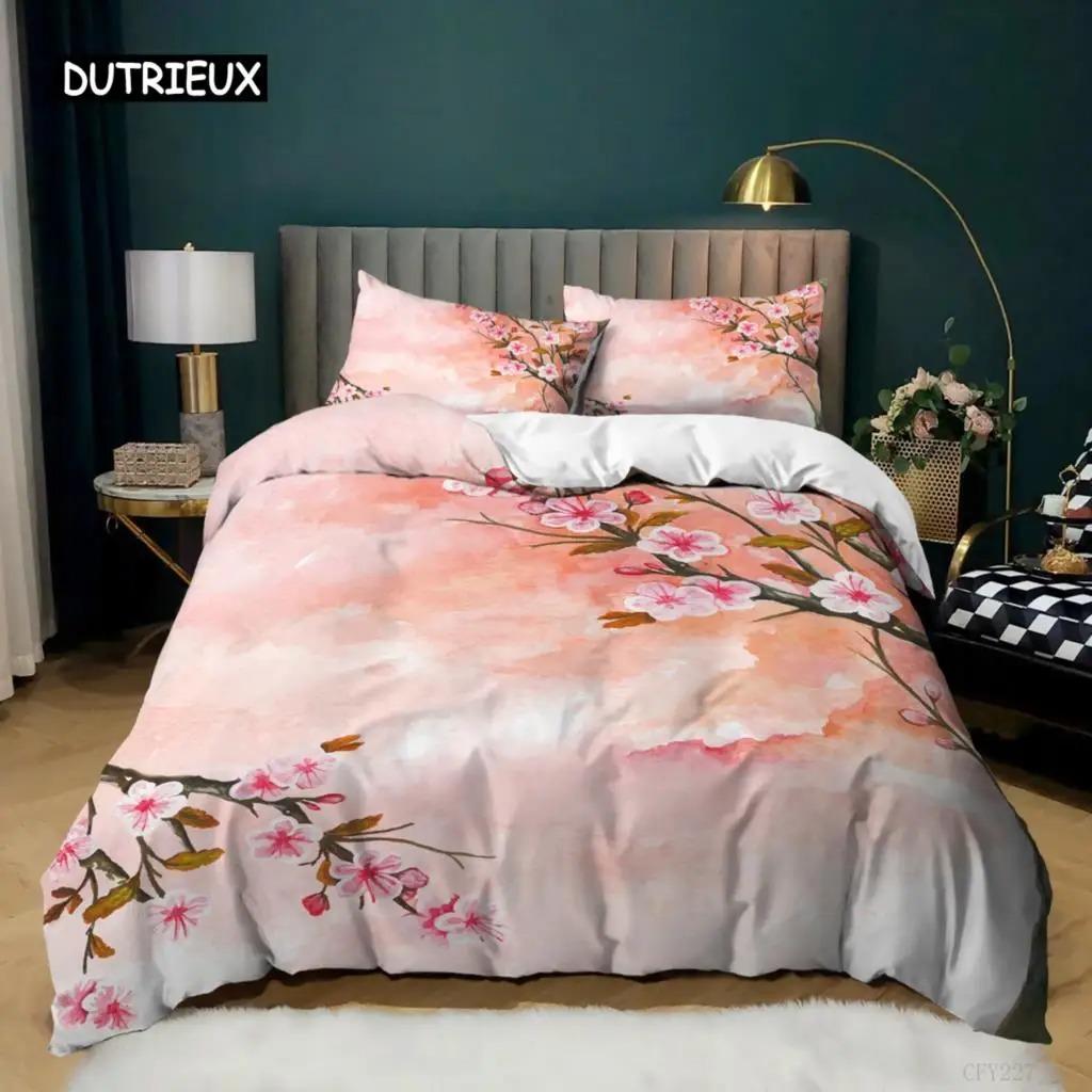 Plum Blossom Duvet Cover Collection King Pink Flower Quilt Cover For Girls Microfiber Branches Printed Bedding Collection