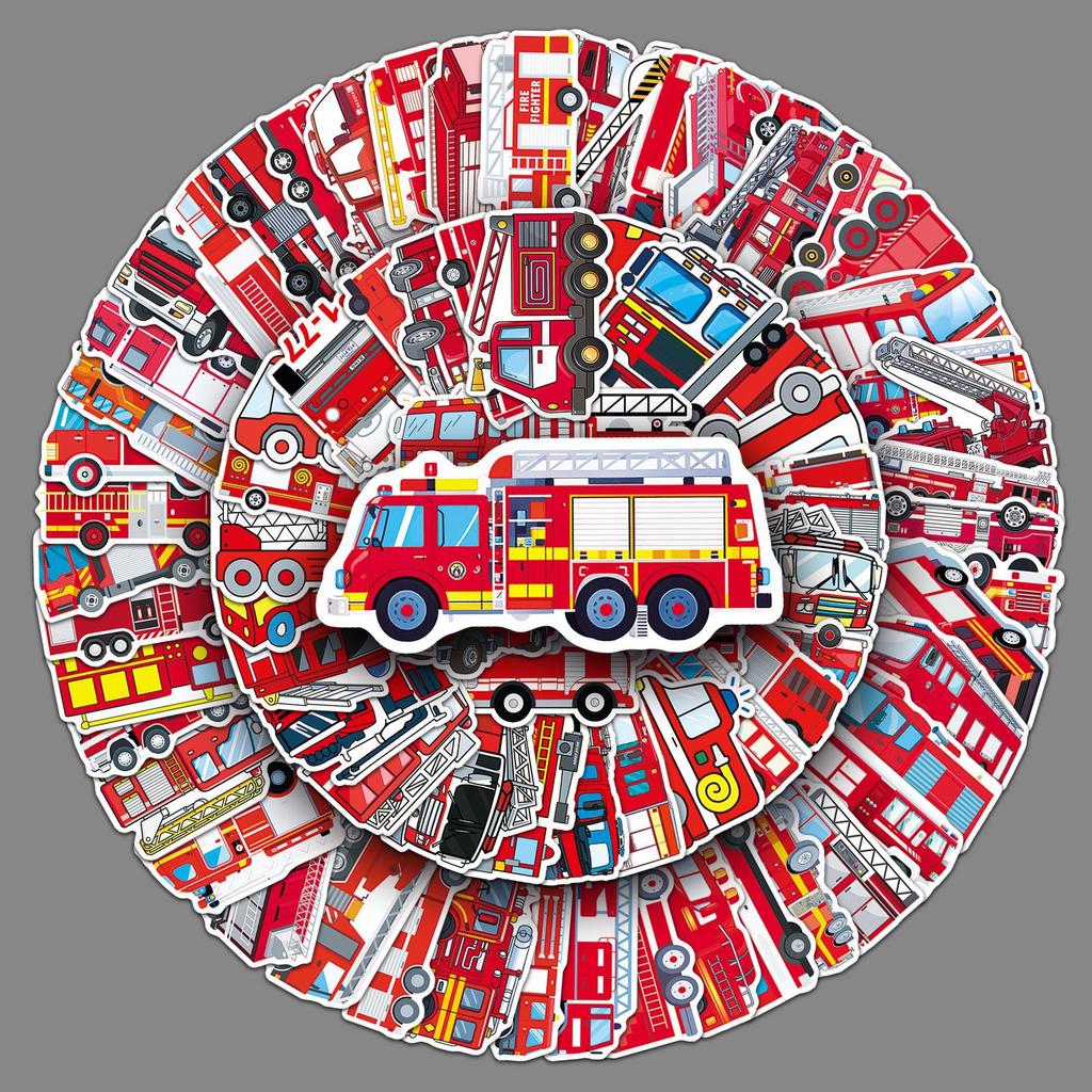 100 Fire Truck Graffiti Stickers Personalized Cartoon Creative Decorative Water Cup Mobile Phone Case Suitcase Stickers