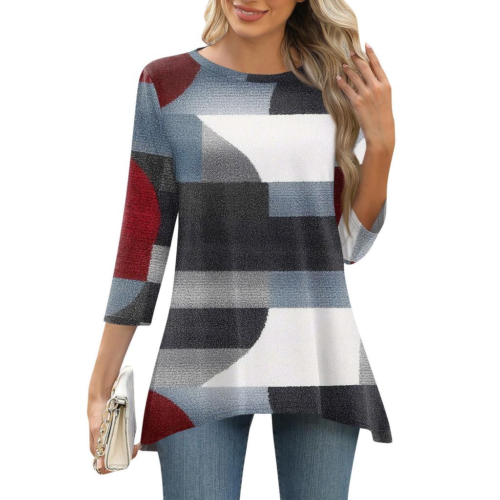 3/4 рукав туника топы для женщин принтованный повседневный выходной свободный крой модная базовая футболка с круглым вырезом