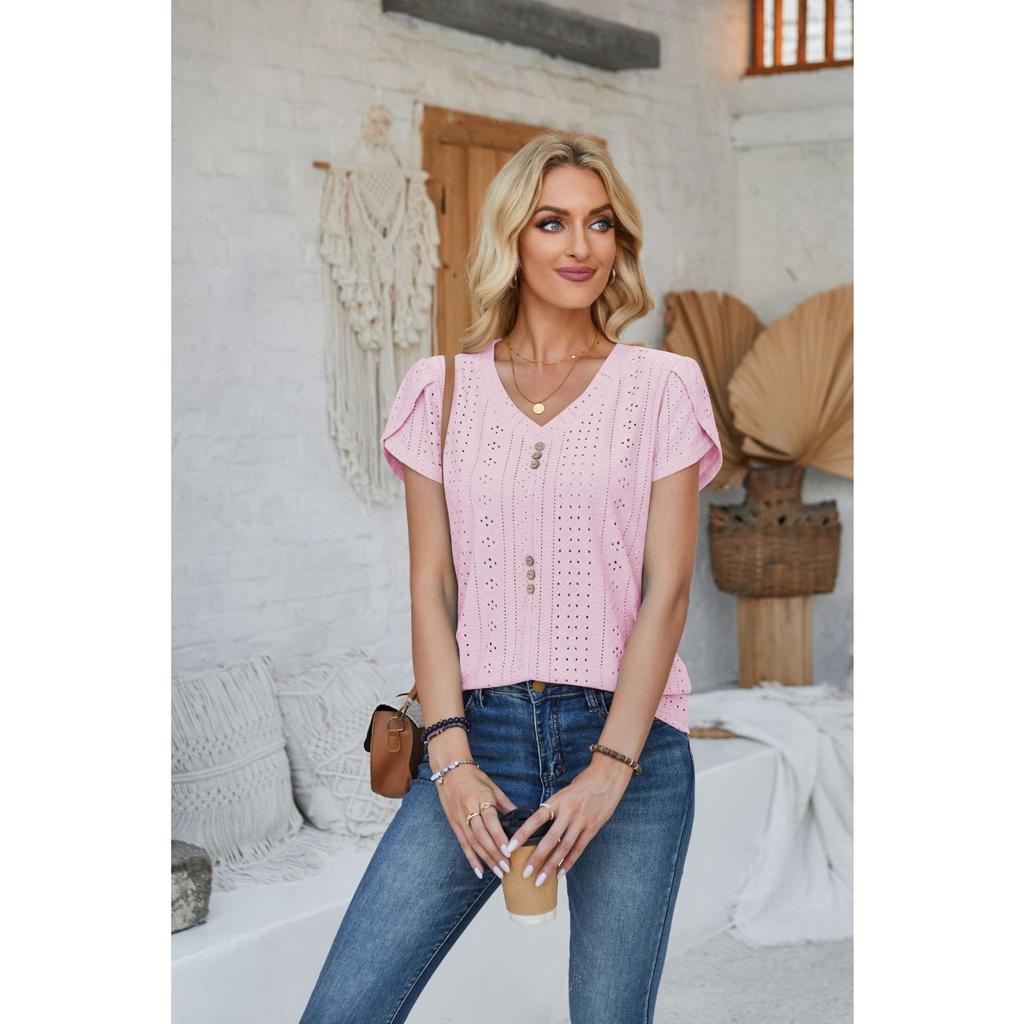 GMXIA Женская футболка весна-лето с V-образным вырезом, пуговицами, рукавами-лепестками, однотонная футболка