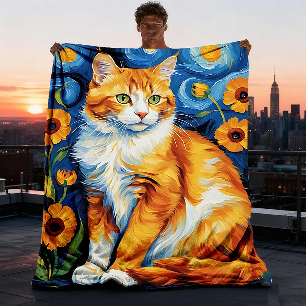 1pc Ginger Cat Art Print Print Outdoor Blanket, Lightweight Polyester,