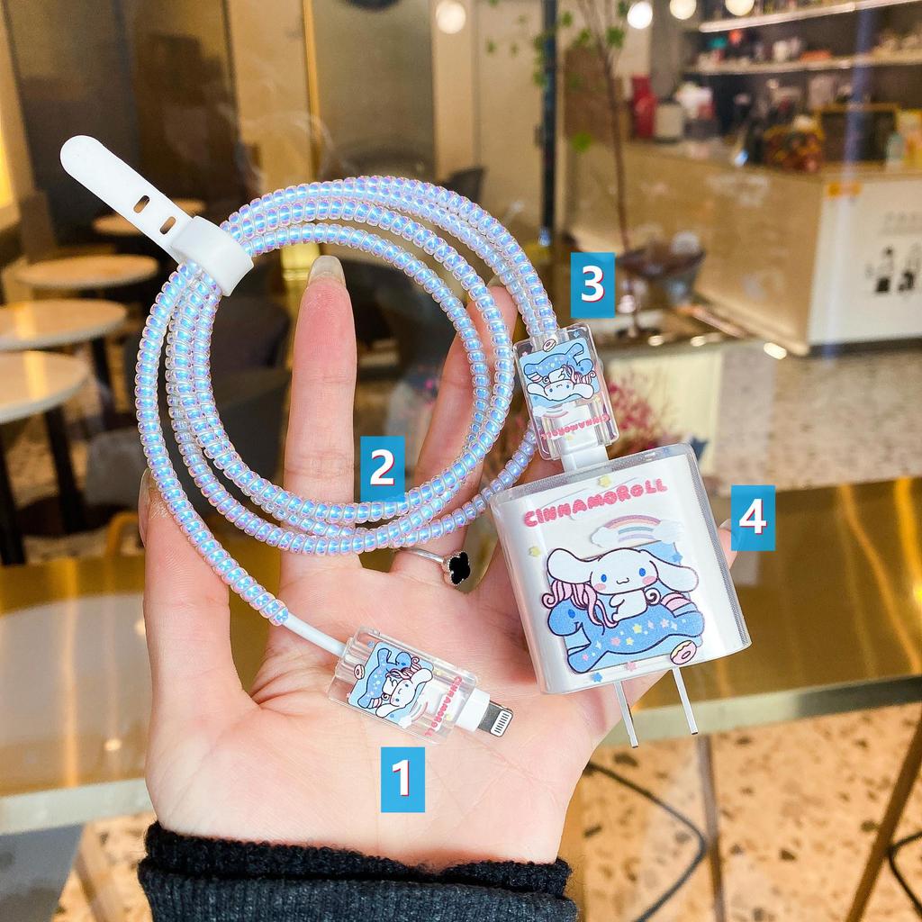 Комплект защиты кабеля данных Apple: Зарядная головка 20 Вт, прозрачный мультяшный дизайн, набор из 4 предметов