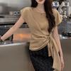 Women's Korean Fashion Lace Up Asymmetrical Designer Blouse Office Lady Luxury Elegant Shirt Short Sleeve Solid Slim Tops Blusas