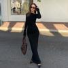Women's Autumn Winter Solid Color Off-shoulder Long Sleeved Temperament Commuter Long Dress