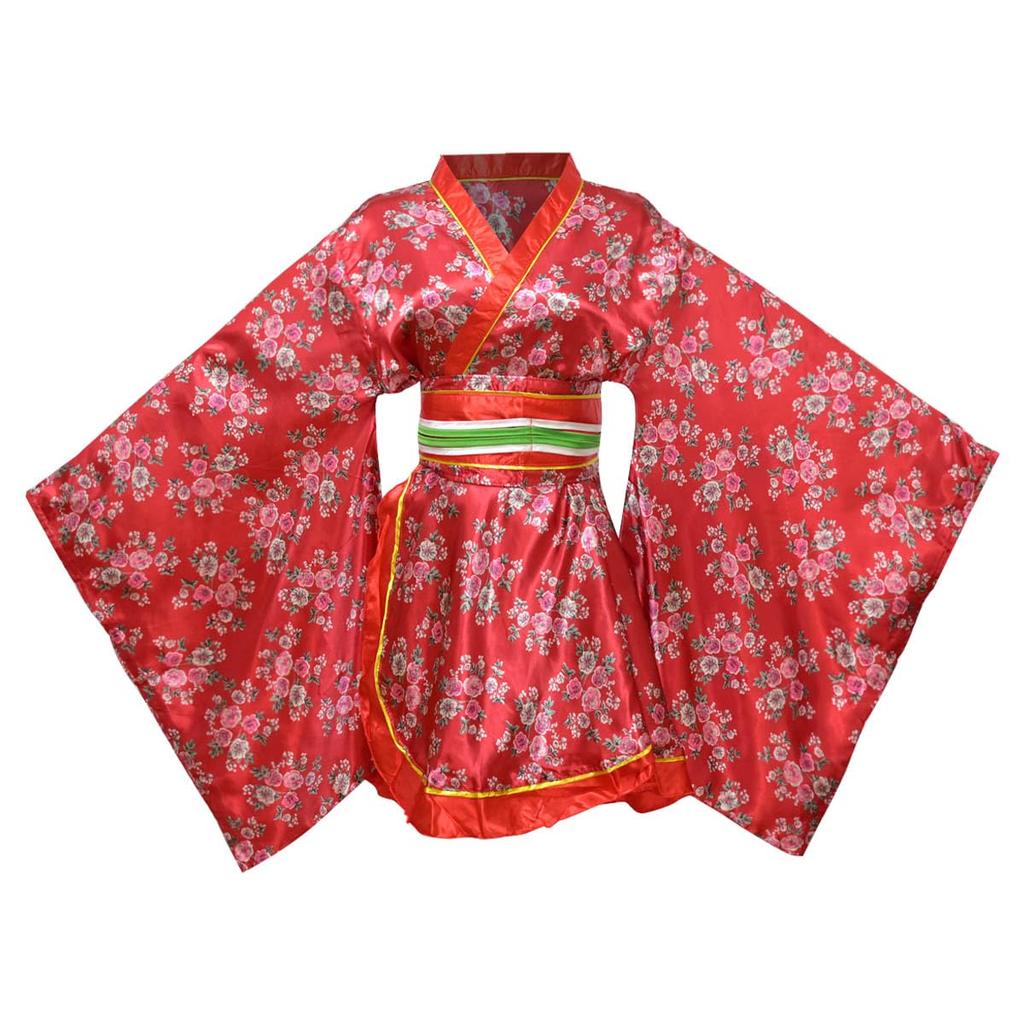 Sexy Short Japanese Gown Japanese Geisha Cosplay Costume Flower Print Yukata One Piece with Obi Belt Underwear Bathrobe Pajamas Women's (Red, L)