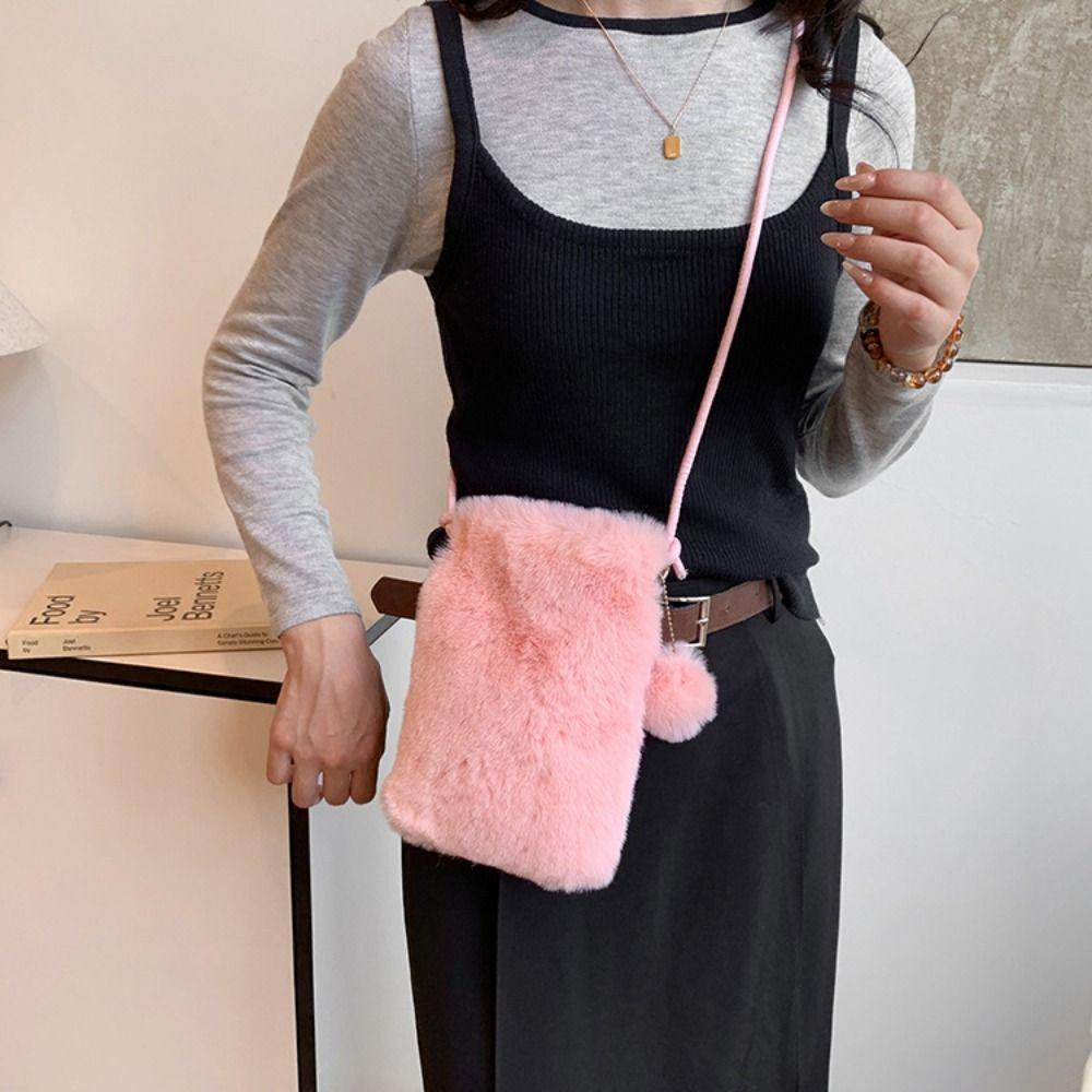 Зимняя Сумка на Плечо Искусственный Мех Мягкая Crossbody Сумка для Телефона Однотонная Большая Вместимость Дорожная Сумка