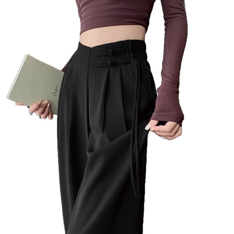 Новый китайский стиль 2025 Весна/Лето Женские брюки с высокой талией больших размеров с широкими штанинами и застежками-лягушками