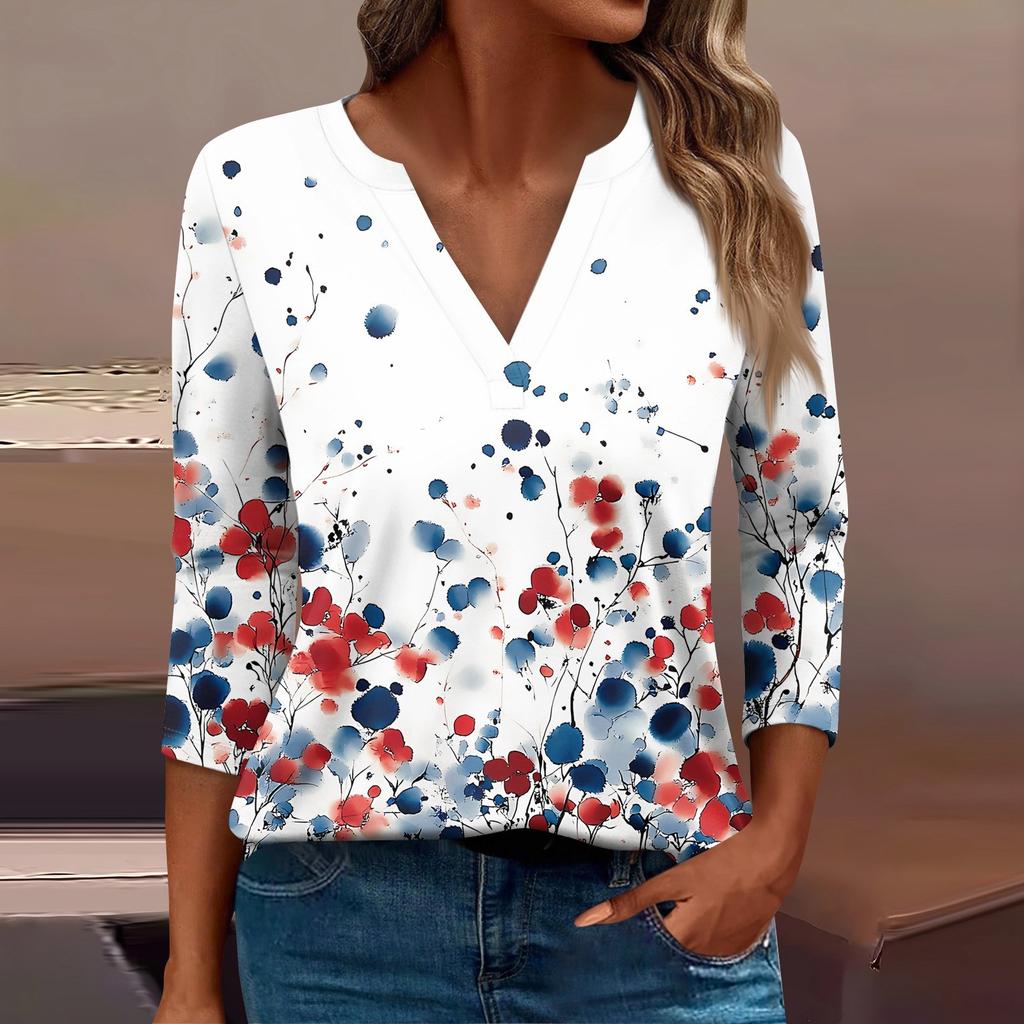 Женская футболка Футболка с принтом Рукав 3/4 Повседневные Выходные Мода Базовый V-образный вырез Обычный топ