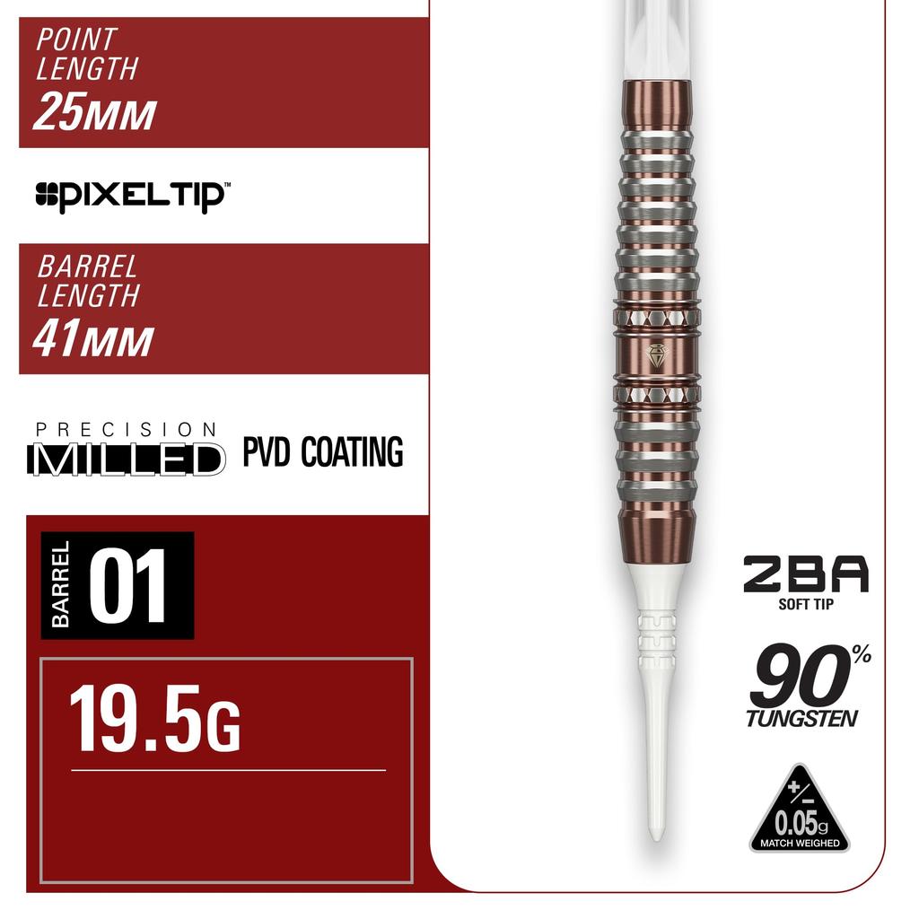 Набор дартс Target PRIME SERIES DIAMOND GEN3.5 2BA с мягким наконечником 19,5 г, модель Kosuzu Iwao, 90% вольфрама, оперения K-Flex №6 и хвостовики