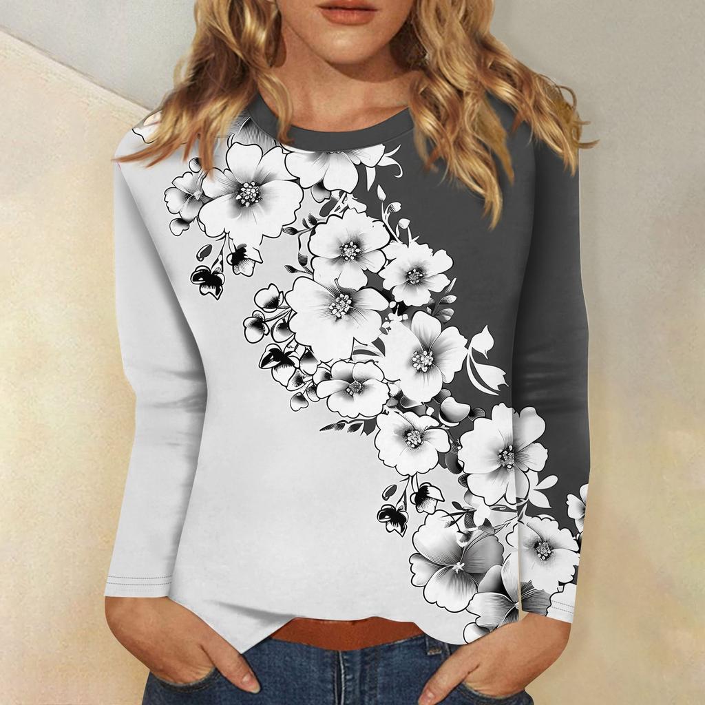 Женский модный повседневный пуловер с круглым вырезом и длинным рукавом с цветочным принтом